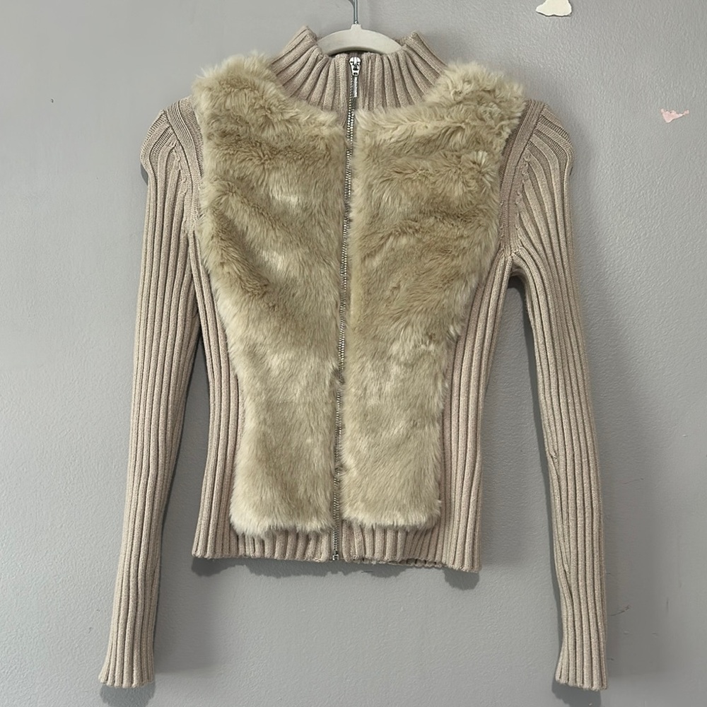 Guess Tan Teddy Jacket with Faux Fur Collar